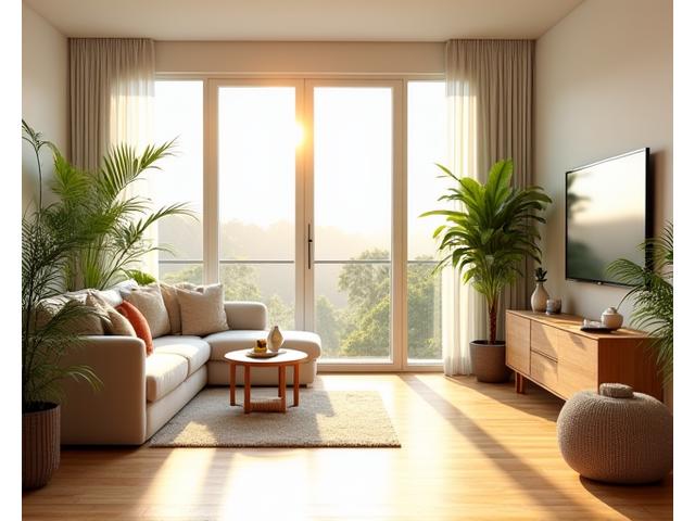 Modern apartment living room with abundant natural light, natural wood finishes, and potted plants, showcasing a harmonious eco-friendly design.